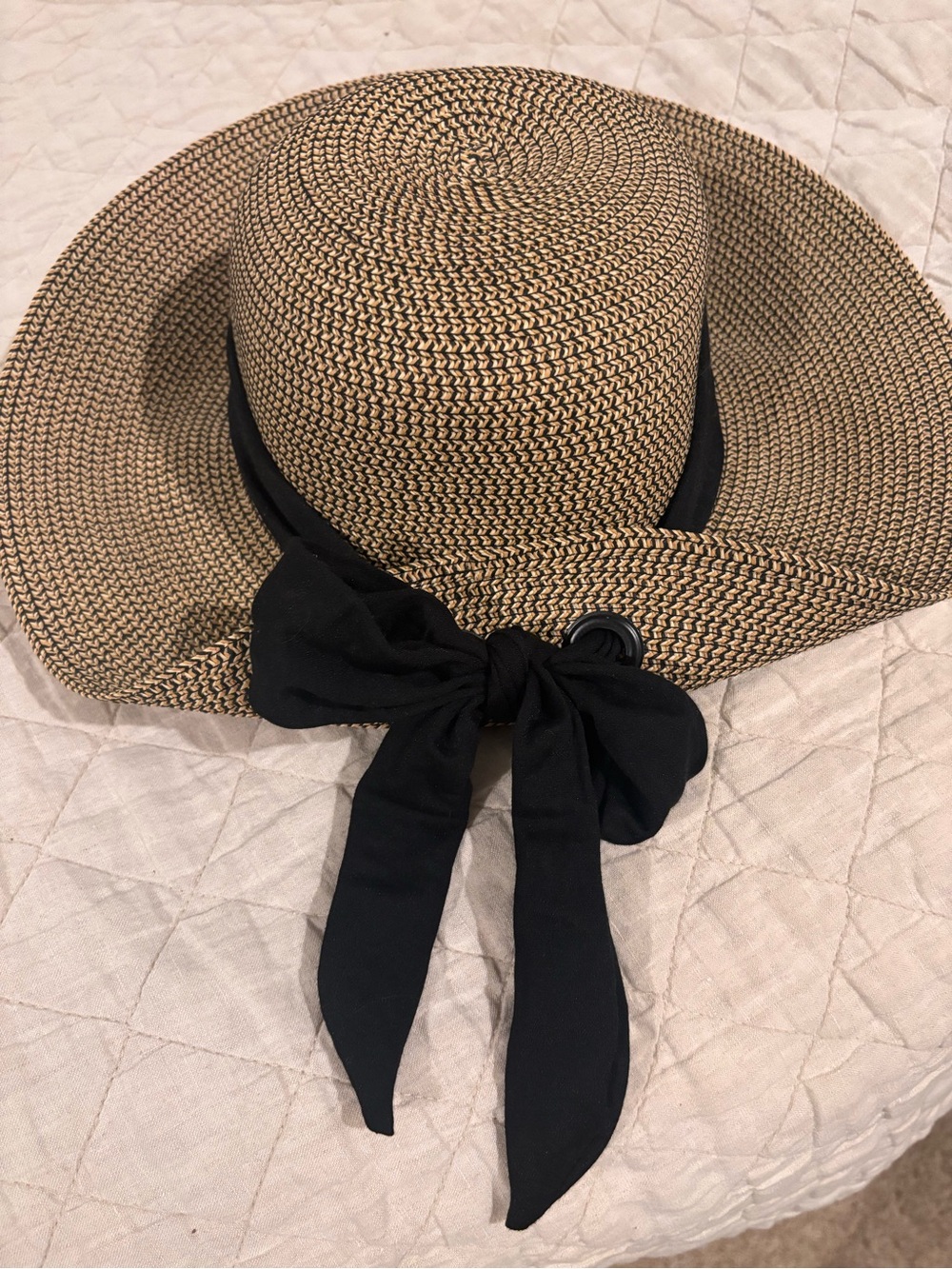 Nine West Packable Wide Brim Straw Sun Hat Black Bow Beach Resort OS